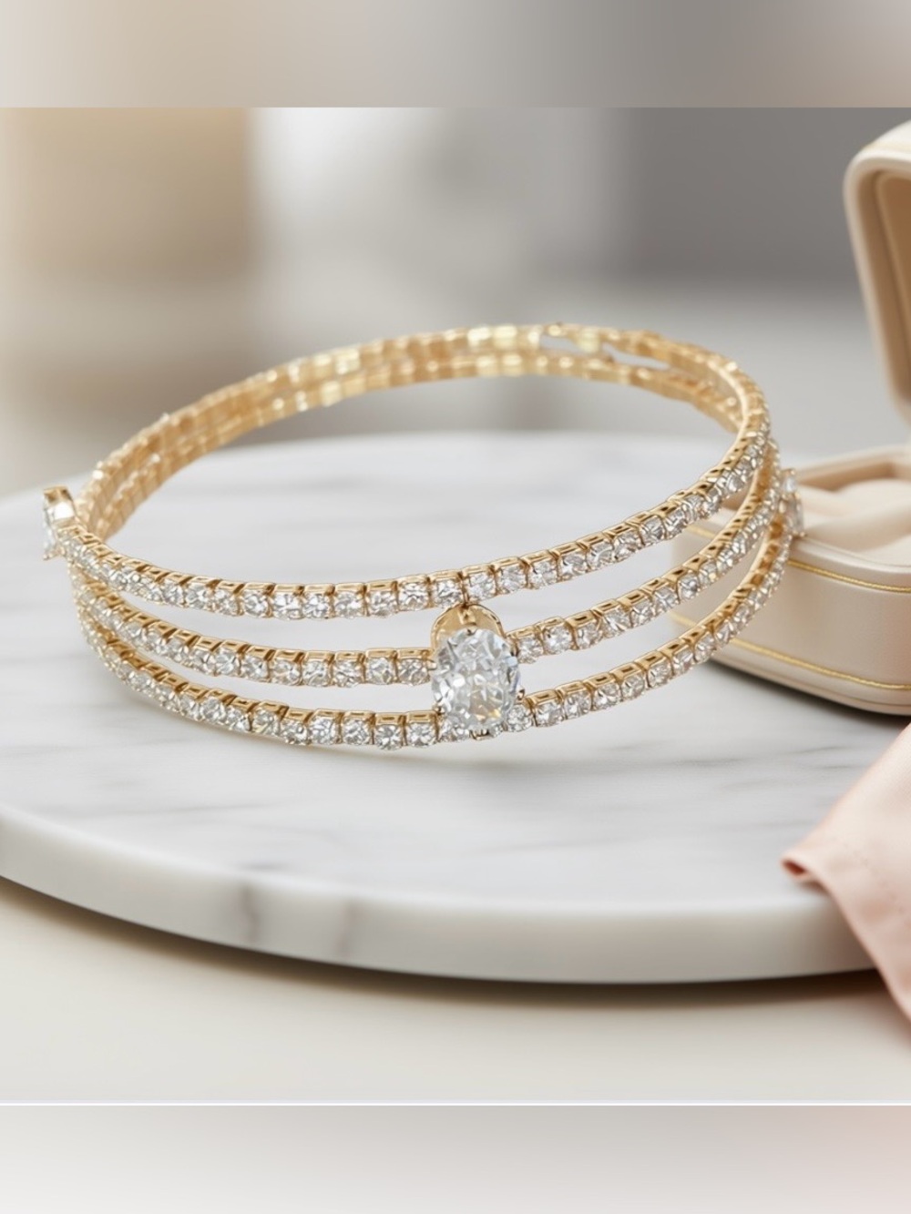 Gold Crystal Multi-Row Bangle Bracelet